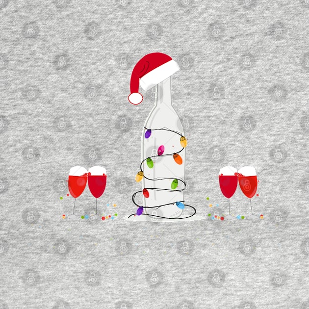 Christmas champagne bottle with colorful light bulb and Santa Claus hat. Wine glass and cocktail party by GULSENGUNEL